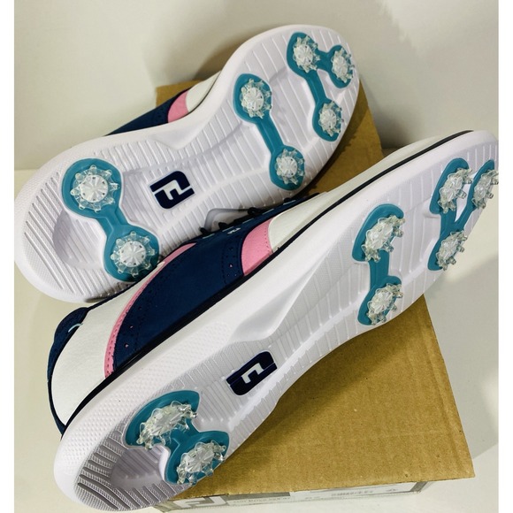 FootJoy Traditions White Navy Pink Saddle Spiked Golf Shoes 57959 Men Size 10.5 - Picture 7 of 8